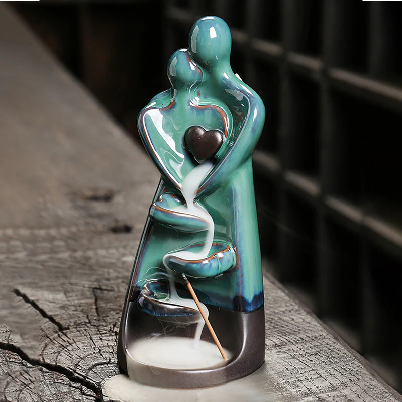 Buddha Stones Lovers Couple Embrace Love Ceramic Backflow Smoke Fountain Healing Incense Burner Decoration