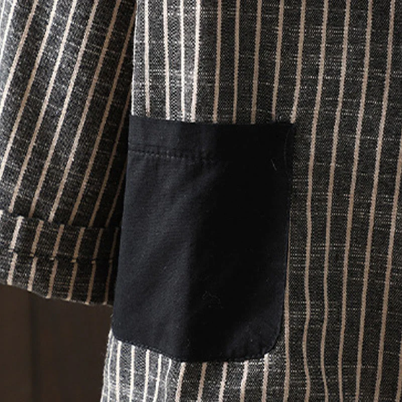 Buddha Stones Splicing Stripes Women's Cotton Linen Jacket With Pockets