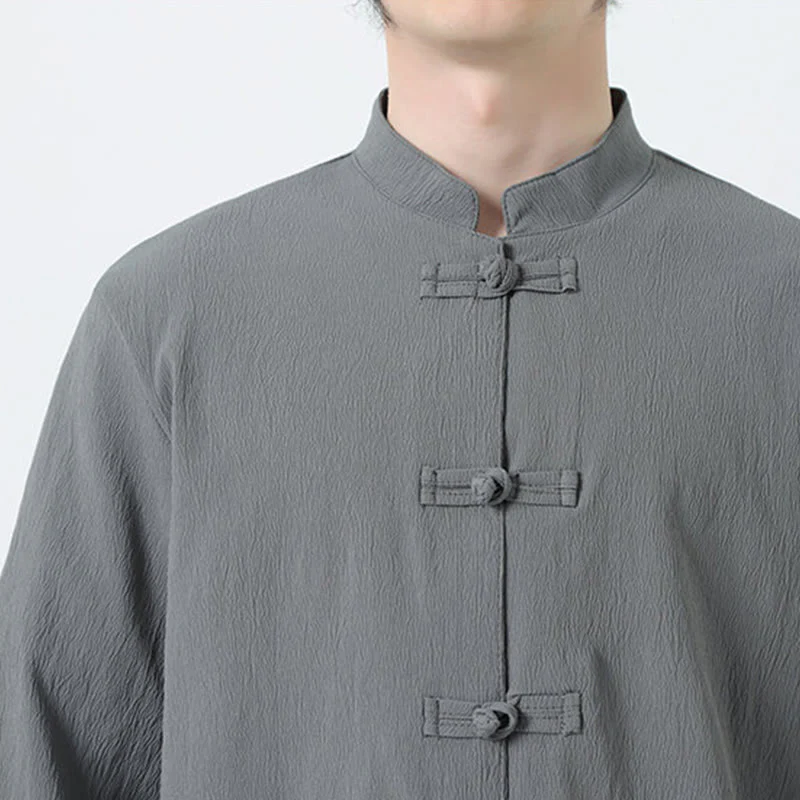 Buddha Stones 2Pcs Solid Frog-Button Three Quarter Sleeve Shirt Pants Men's Set