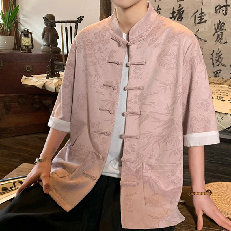 Buddha Stones Jacquard Bamboo Plum Bossom Pattern Chinese Frog-Button Design Men's Half Sleeve Cotton Shirt With Pockets