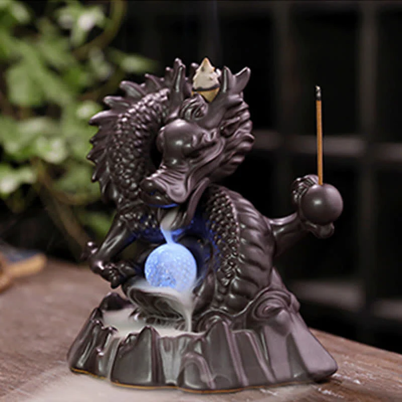Buddha Stones Auspicious Dragon Ceramic Backflow Smoke Fountain Meditation Healing Incense Burner Led Ball Decoration