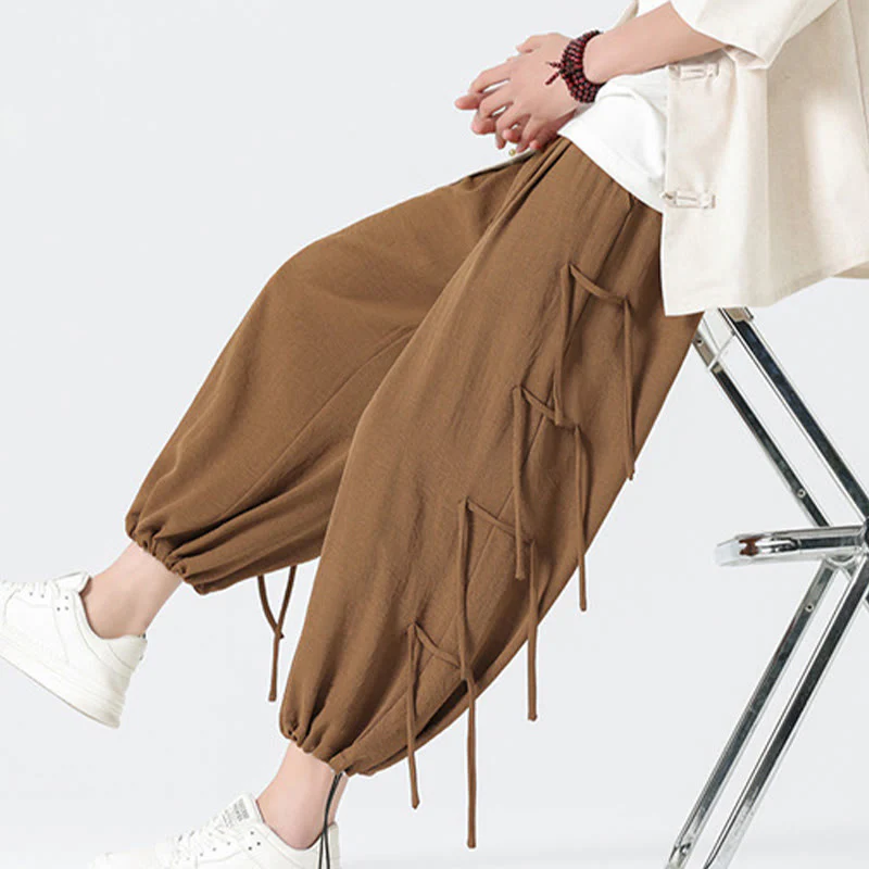 Buddha Stones Casual Loose Lanyard Design Waist Rope Men's 7-8 Length Spandex Pants With Pockets