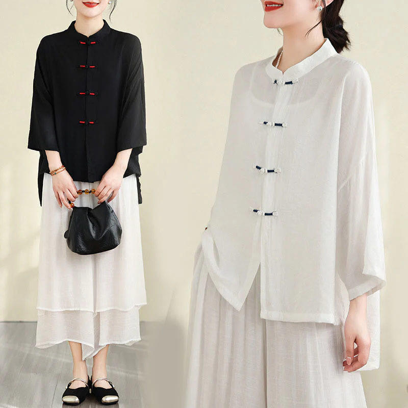 Buddha Stones 2pcs Casual Women's Frog Button Shirt Loose Pants Meditation Clothing Set