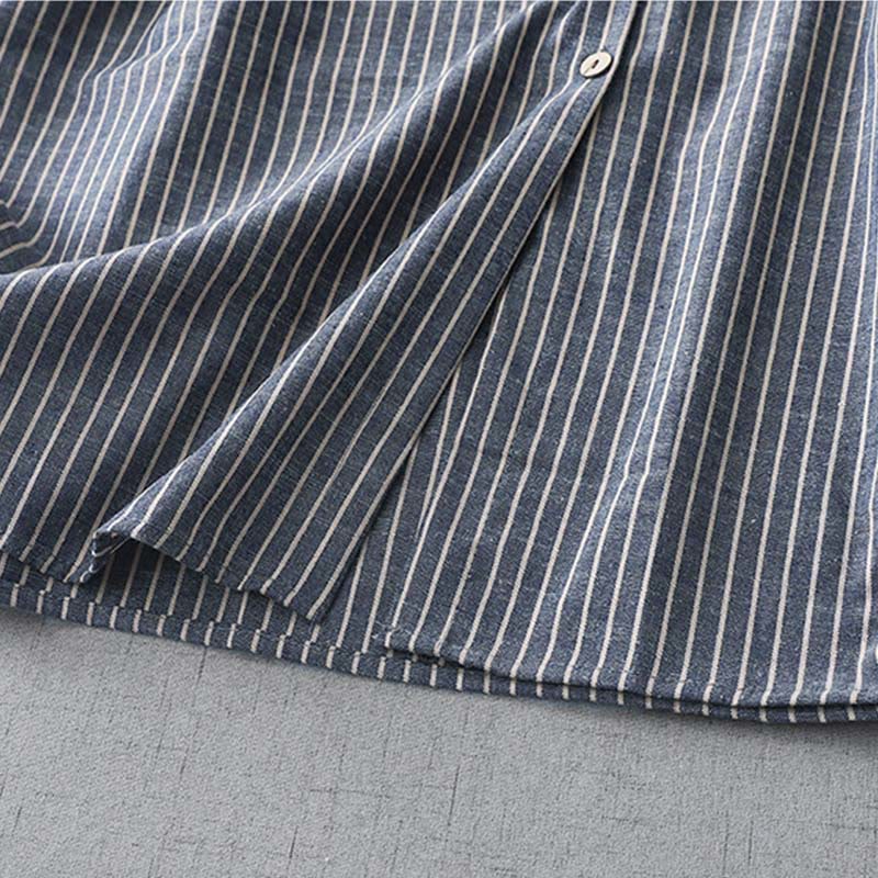 Buddha Stones LightSteelBlue White Striped Button Design Lapel Cotton Linen Midi Dress With Pockets