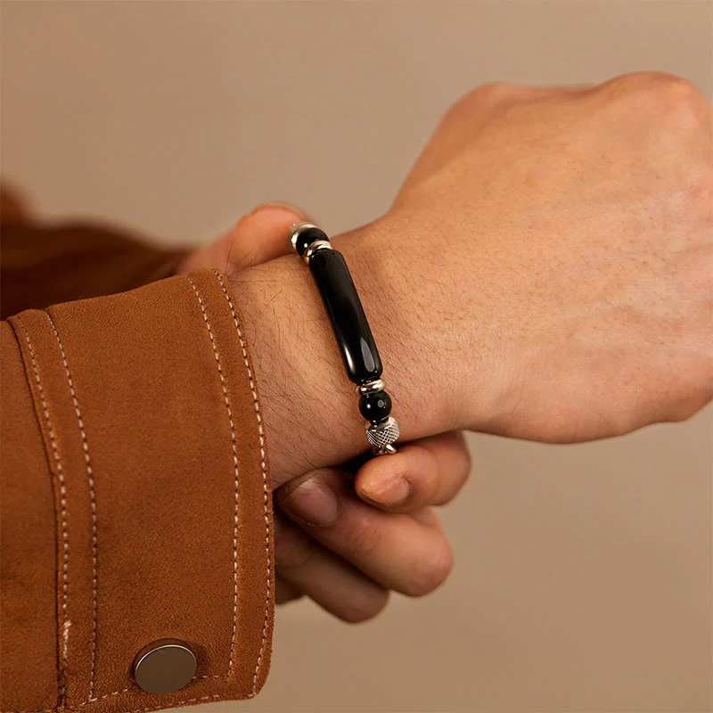 Buddha Stones Tiger Eye Black Obsidian Stone Titanium Steel Strength Buckle Bracelet