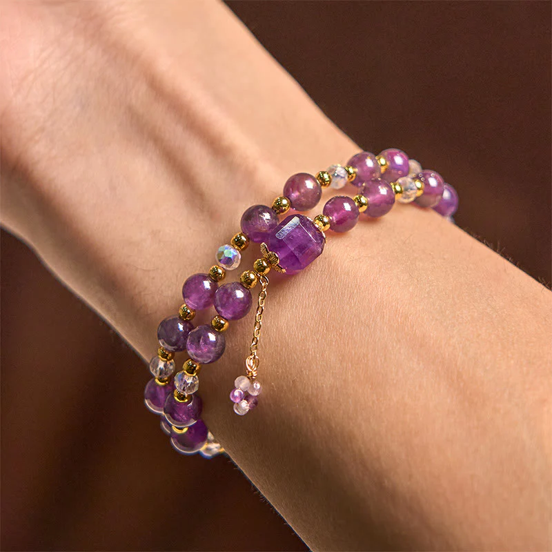 Buddha Stones Natural Amethyst Square Bead Meditation Healing Double Wrap Bracelet
