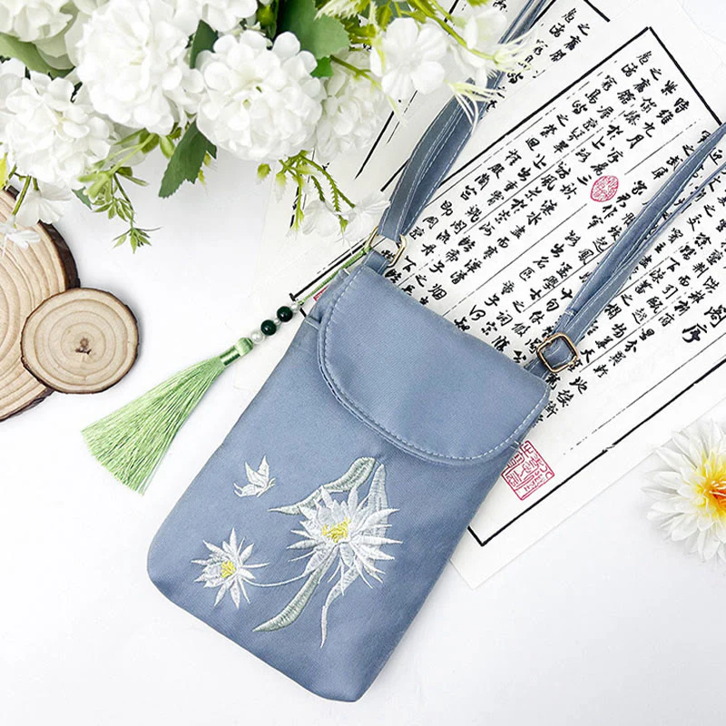 Buddha Stones Small Embroidered Flowers Crossbody Bag Shoulder Bag Double Layer Cellphone Bag