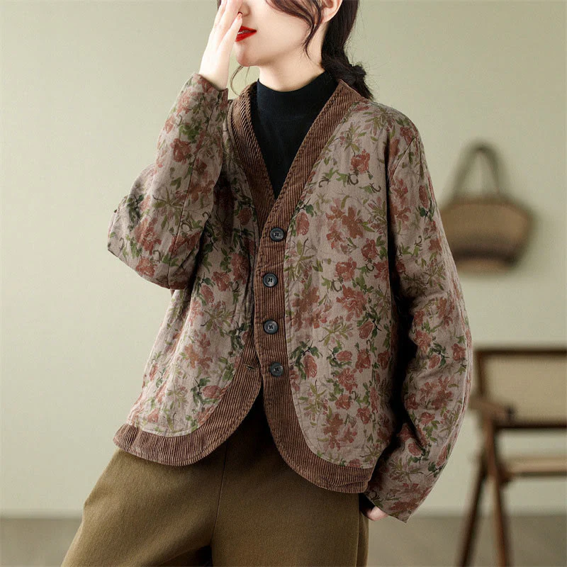 Buddha Stones Flower Jacquard Women's Cotton Padded Jacket