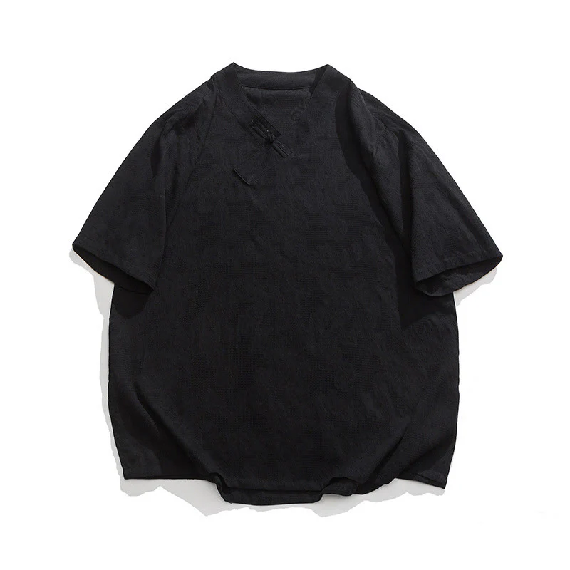 Buddha Stones Ethnic Distressed Jacquard Frog-Button Men's Stand Collar Half Sleeve Cotton Linen Shirt Tai Chi Clothes