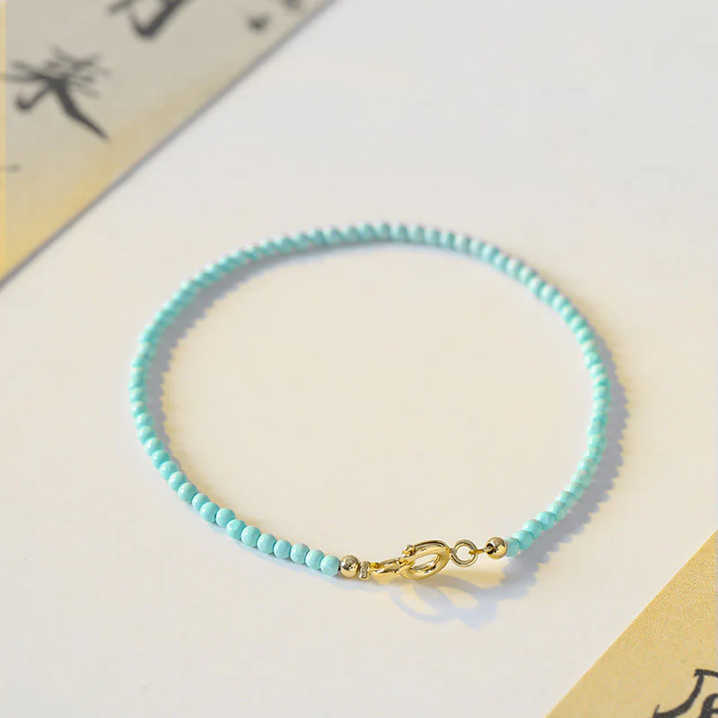 Buddha Stones 2mm Turquoise Ultra-thin Beads 14k Gold Plated Copper Wisdom Bracelet