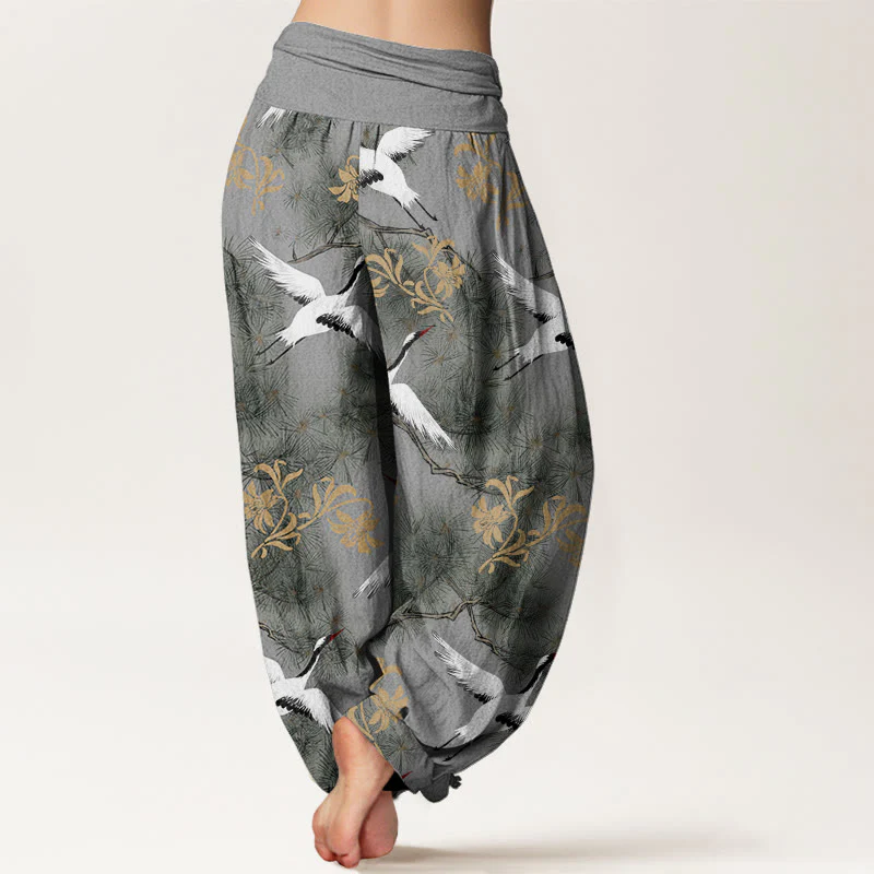 Buddha Stones Casual Red-crowned Crane Pine Tree Pattern Women's Elastic Waist Harem Pants