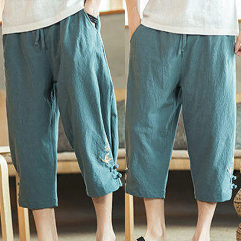 Buddha Stones Crane Embroidery Cotton Men's Cropped Harem Pants With Pockets