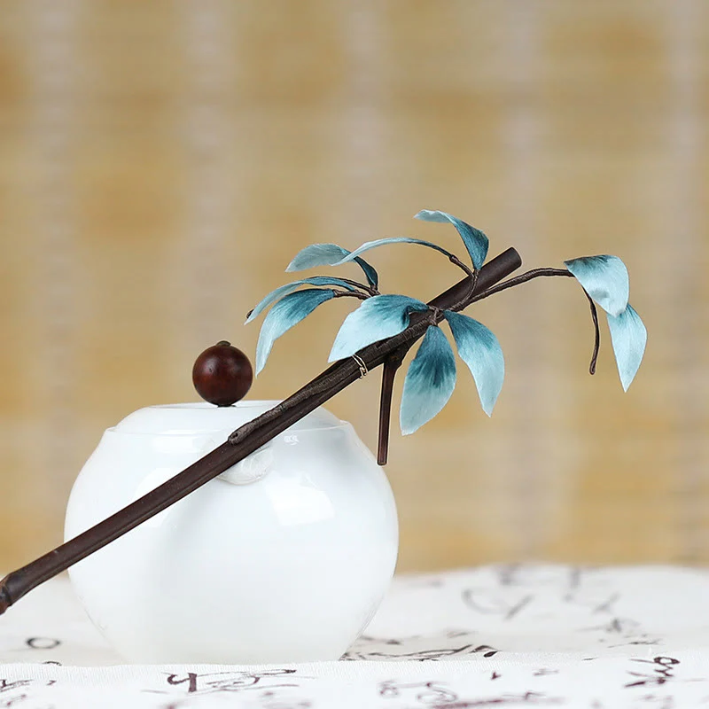 Buddha Stones Handmade Velvet Flower Bamboo Leaf Soft Hairpin