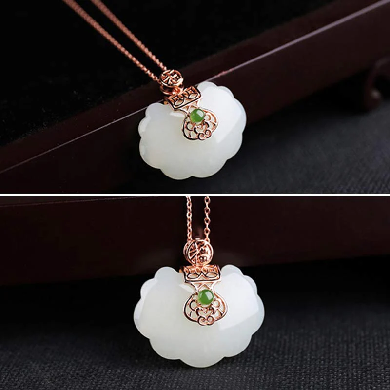 Buddha Stones 925 Sterling Silver White Jade Blessing Happiness Necklace Chain Pendant