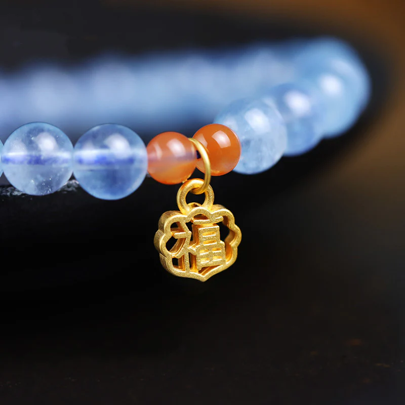 Buddha Stones Natural Aquamarine Red Agate Healing Charm Bracelet