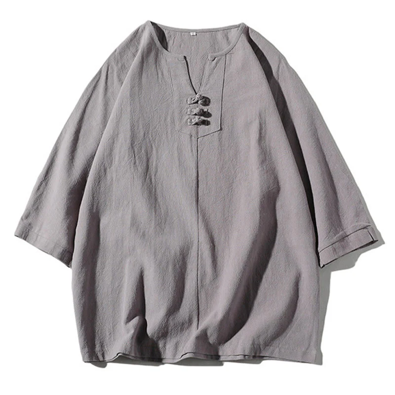 Buddha Stones 2Pcs Plain Notched Collar T-Shirt 7-8 Length Wide Leg Shorts With Pockets Cotton Linen Men's Meditation Cloth Set