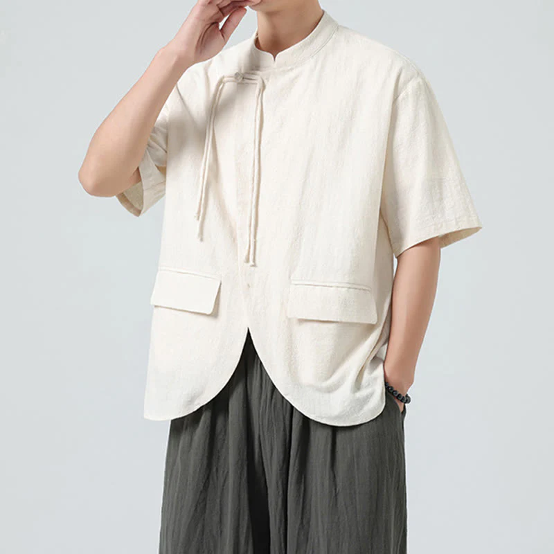 Buddha Stones Vintage Solid Color Irregular Hem Design Stand Collar Men's Half Sleeve Cotton Shirt Cardigan With Pockets