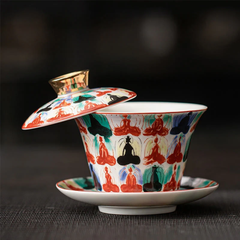 Buddha Stones Thangka Dragon Buddhas Dunhuang Ceramic Gaiwan Sancai Kung Fu Tea Cup And Saucer With Lid Gift Box 180ml