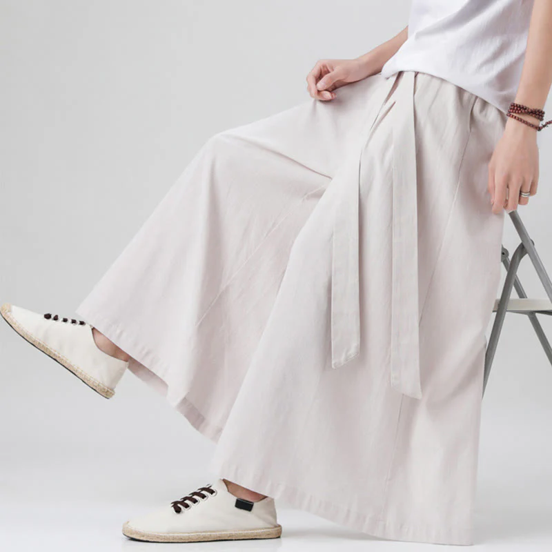 Buddha Stones Spring Casual Sports Drawstring Design Men's Cotton Linen Wide Leg Pants With Pockets