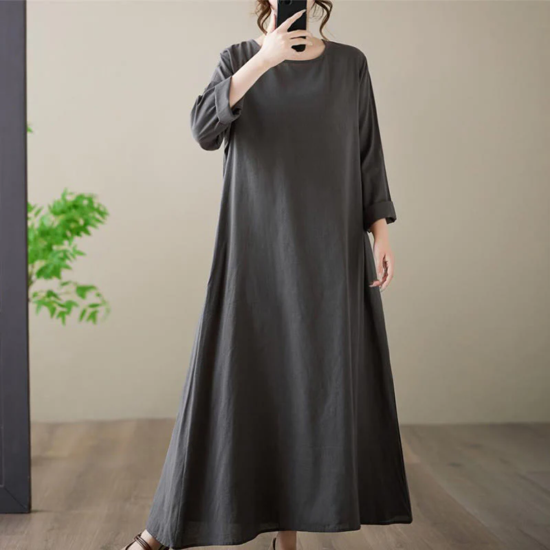 Buddha Stones Casual Plain Crew Neck Cotton Linen Midi Dress With Pockets