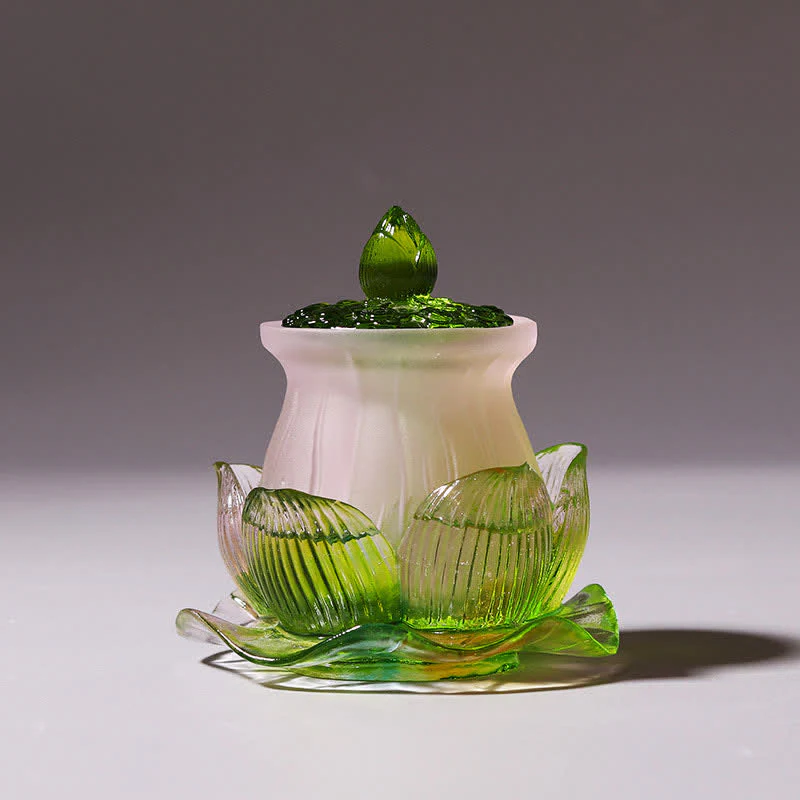 Buddha Stones Feng Shui Lotus Handmade Liuli Crystal Art Piece Home Office Offering Decoration