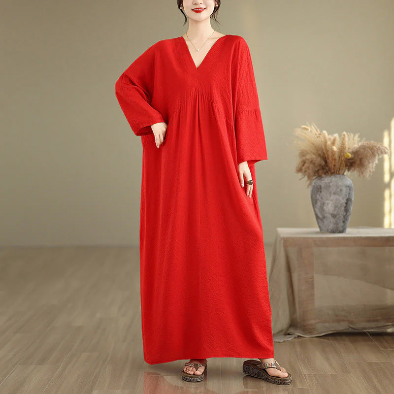 Buddha Stones Fall Casual V-Neck Long Sleeve Cotton Midi Dress