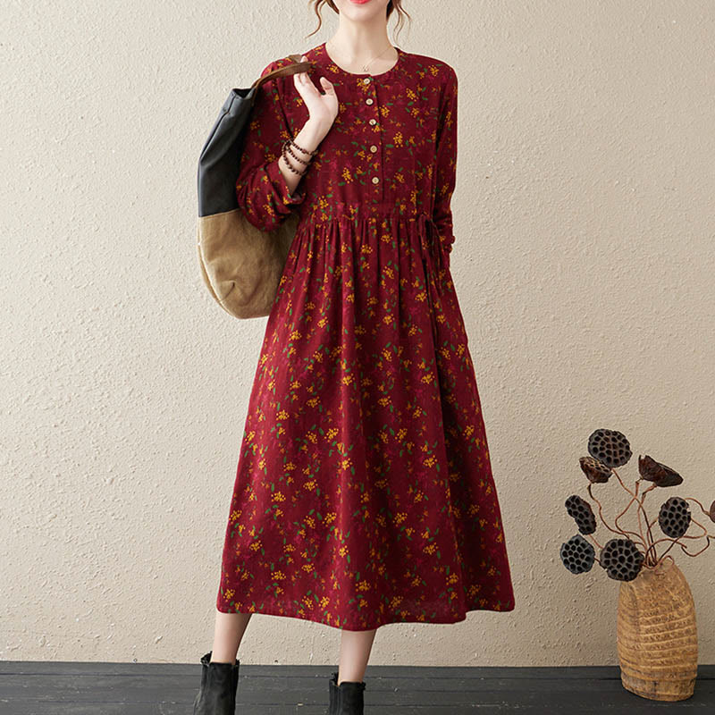 Buddha Stones Casual Ethnic Printing Floral Buttons Design Cotton Linen Midi Dress With Pockets