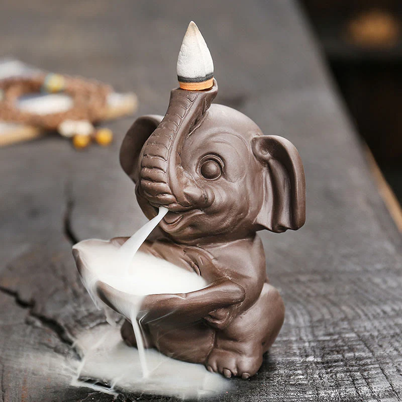 Buddha Stones Little Elephant Holding Leaf Purple Clay Backflow Smoke Fountain Healing Incense Burner Decoration