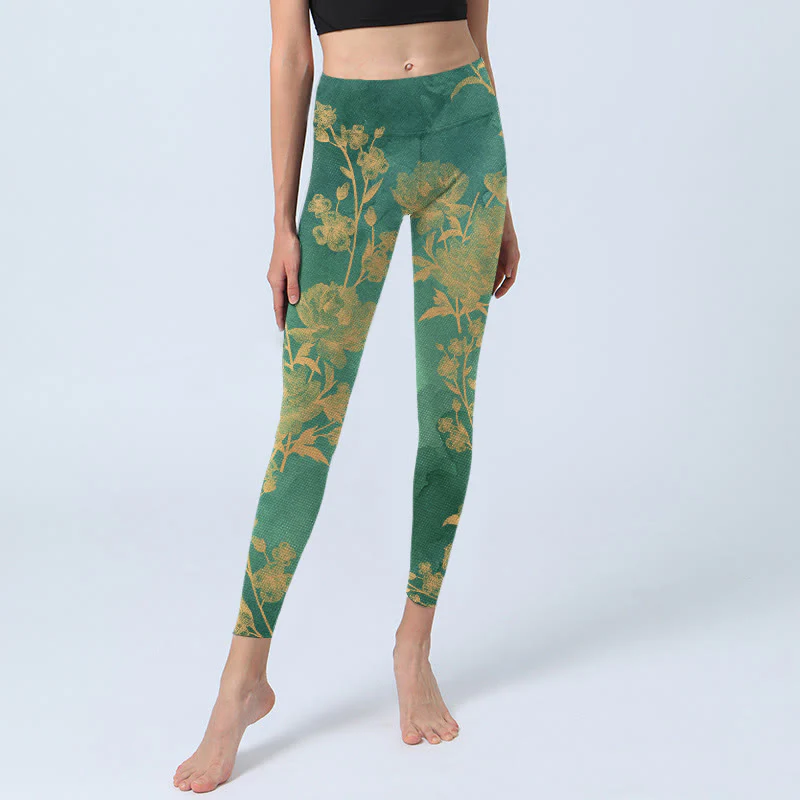Buddha Stones Green Background Golden Branches Peony Flowers Pattern Print Gym Leggings Women's Yoga Pants