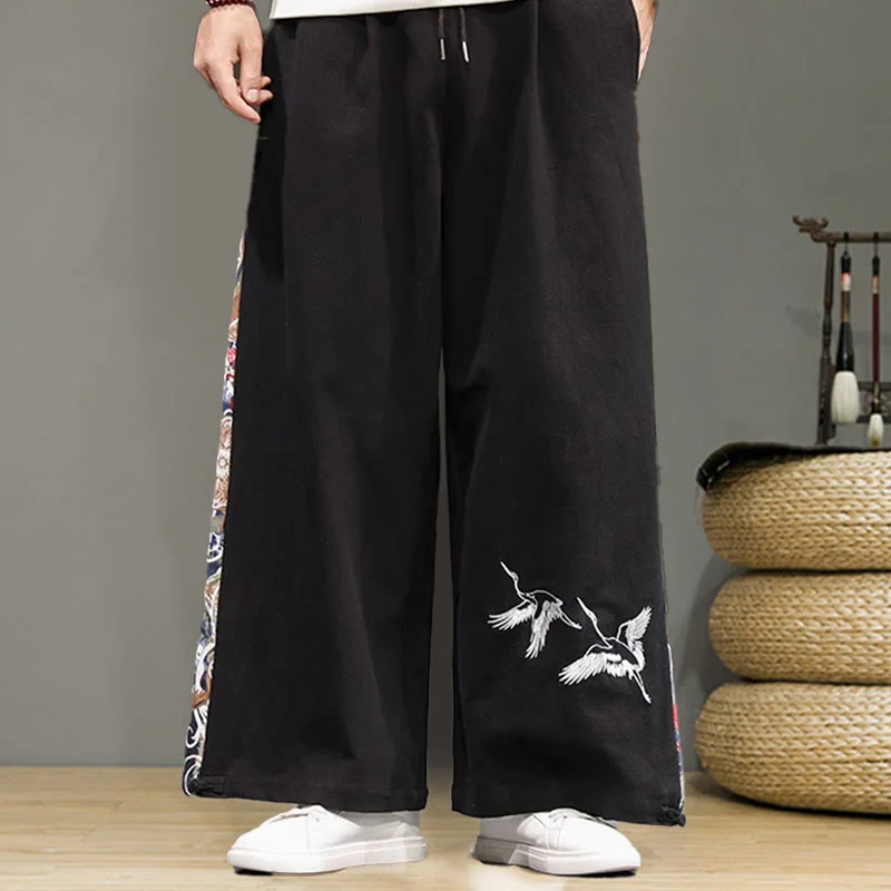 Buddha Stones Crane Embroidery Drawstring Men's Cotton Linen Wide Leg Pants With Pockets