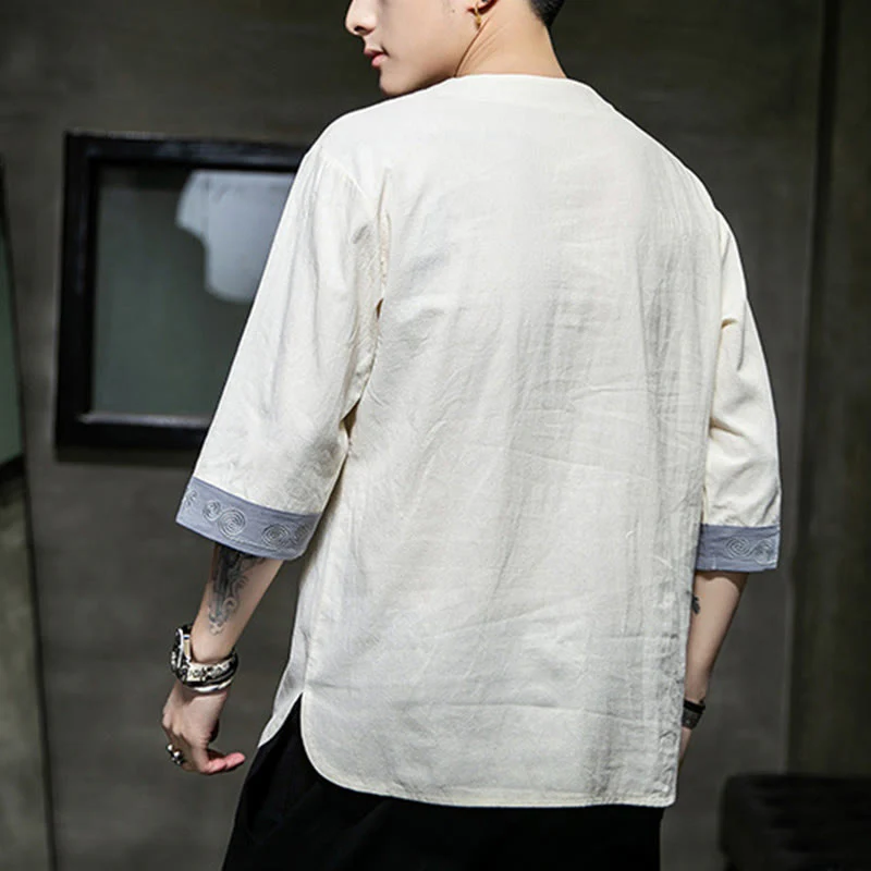 Buddha Stones Summer Embroidery Plain Frog-Button Men's Crew Neck Half Sleeve Cotton Linen Shirt Clothing