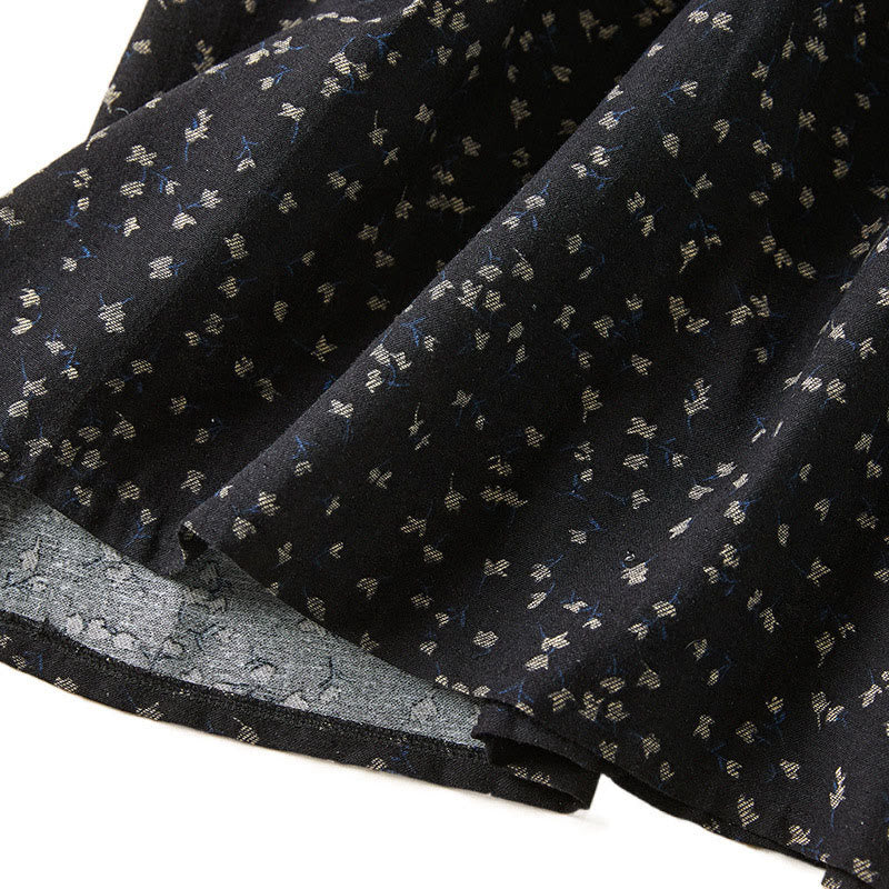 Buddha Stones Fall Printing Floral Buttons Lace Lapel Design Cotton Linen Midi Dress With Pockets