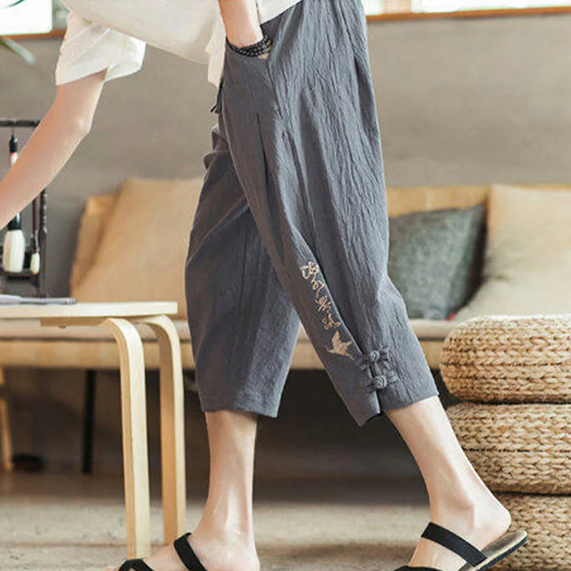 Buddha Stones Crane Embroidery Cotton Men's Cropped Harem Pants With Pockets