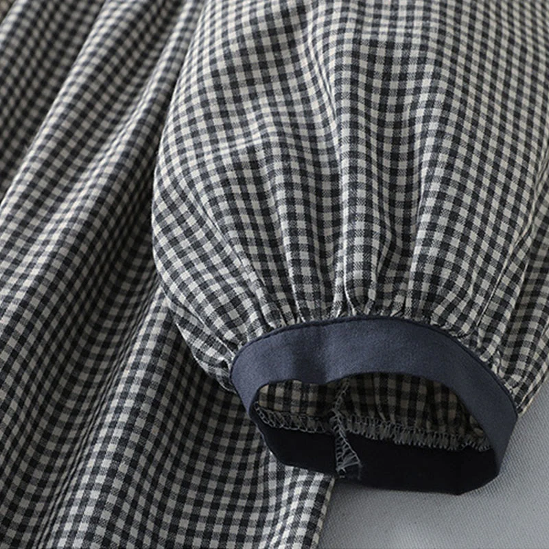 Buddha Stones Casual Plaid Pattern Long Lantern Sleeve Cotton Linen Midi Dress With Pockets