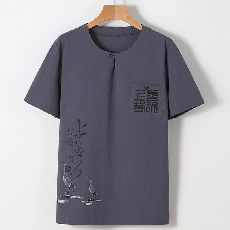 Buddha Stones 2Pcs Chinese Characters Crane Cotton Shirt Pants With Pockets Men's Meditation Cloth Set