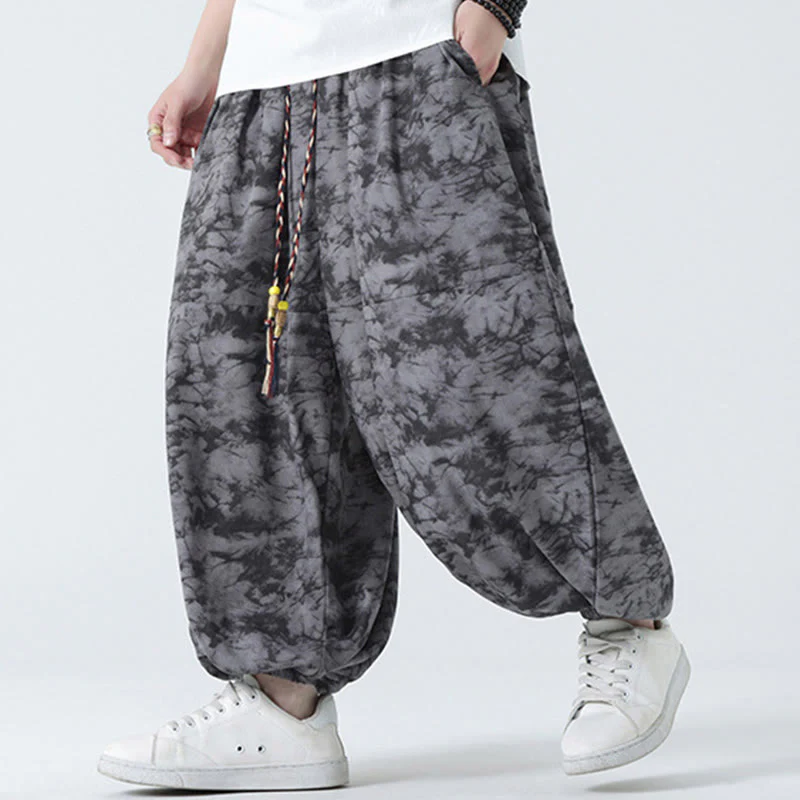 Buddha Stones Retro Casual Drawstring Design Floral Pattern Men's Harem Pants With Pockets