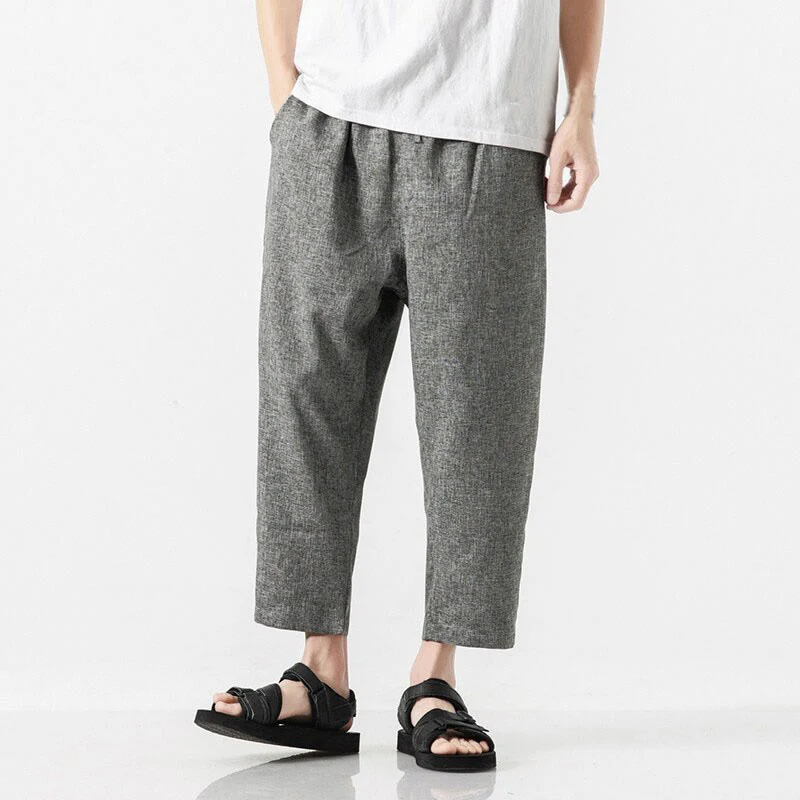 Buddha Stones Summer Plain Men's 7-8 Length Cotton Linen Pants With Pockets