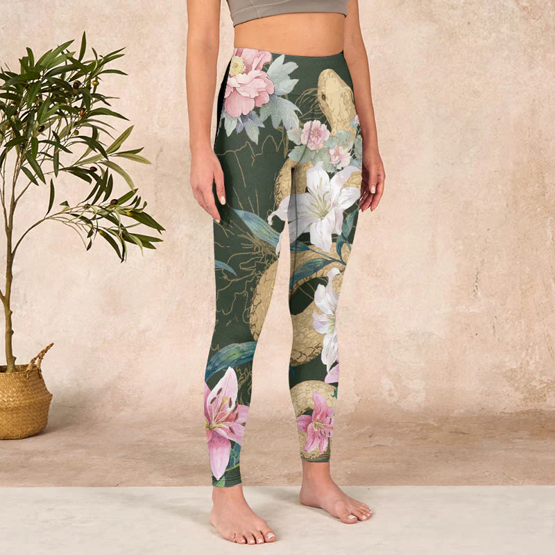 Buddha Stones Green Golden Snake Lily Peony Flowers Print Gym Leggings Women's Yoga Pants