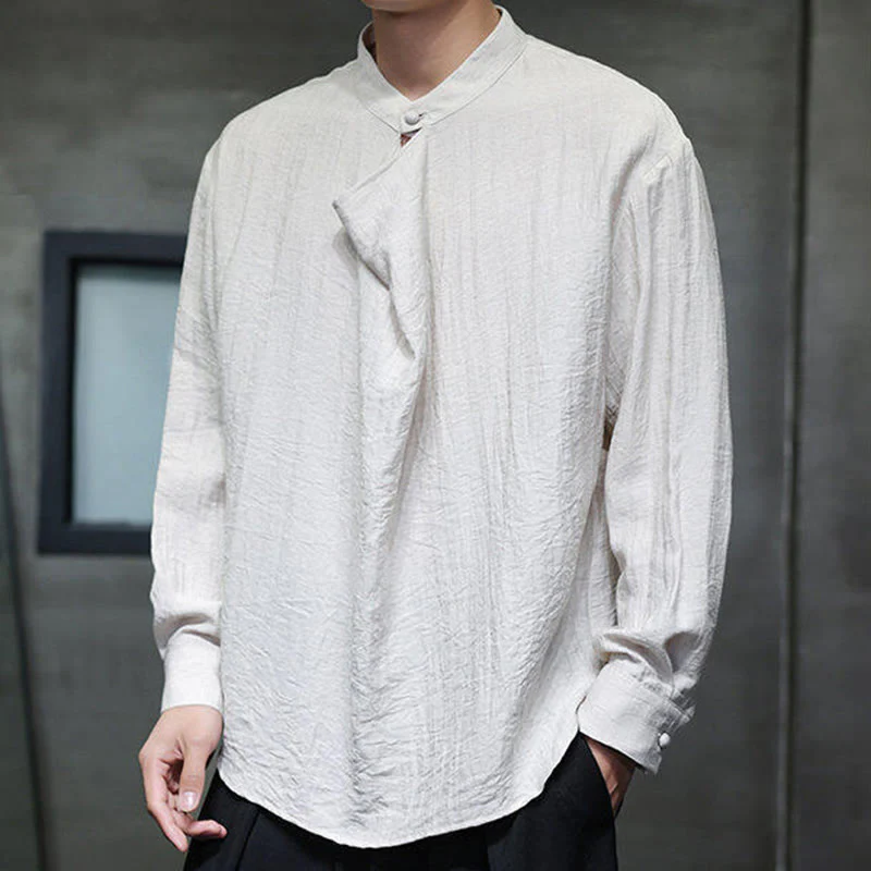 Buddha Stones Spring Solid Color Pleated Stand Collar Design Tang Suit Men's Long Sleeve Linen Shirt