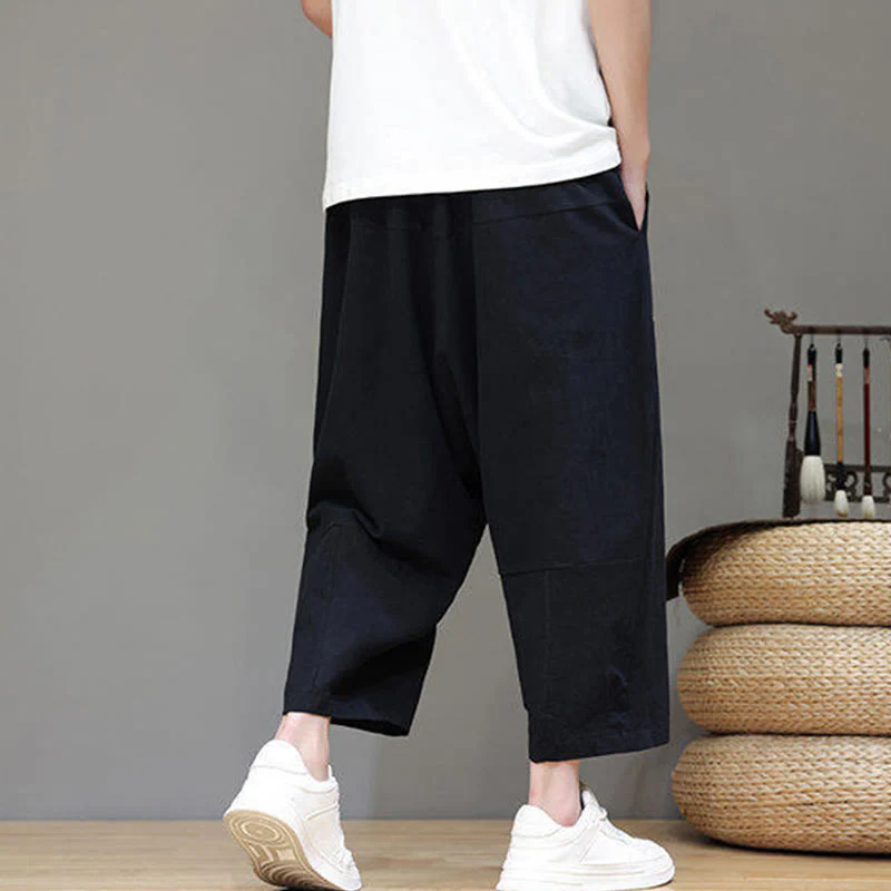 Buddha Stones Casual Plain Low Crotch Design Drawstring Men's Cotton Elastic Waistband Wide Leg Pants With Pockets