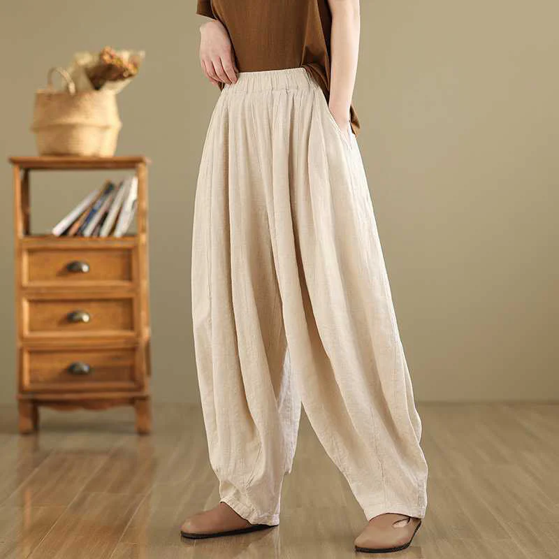 Buddha Stones Spring Casual Simple Design Women's Cotton Linen Harem Pants With Pockets