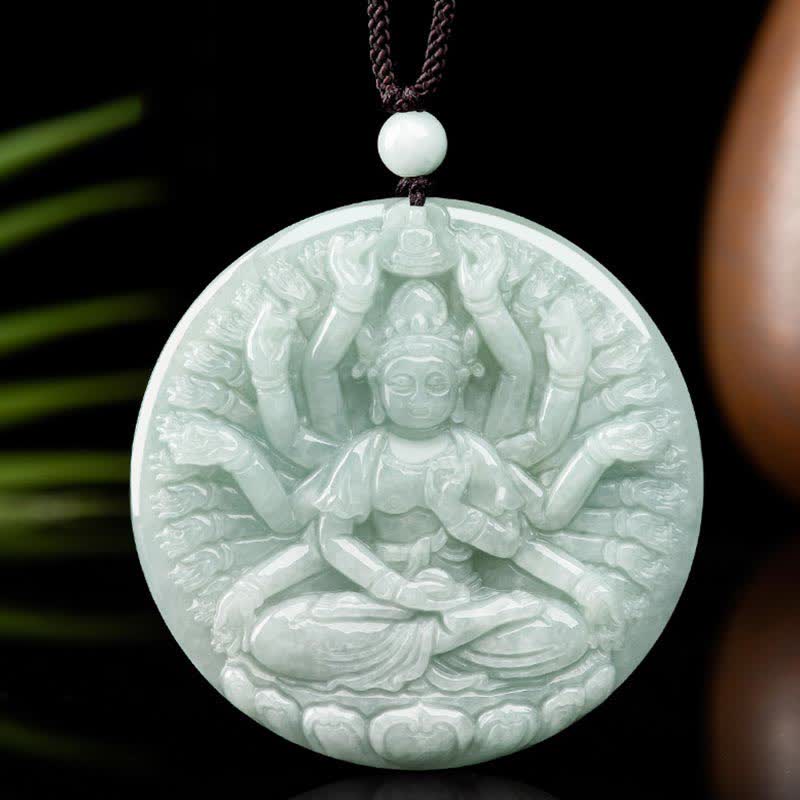 Buddha Stones Thousand-Hand Kwan Yin Avalokitesvara Jade Blessing String Necklace Pendant
