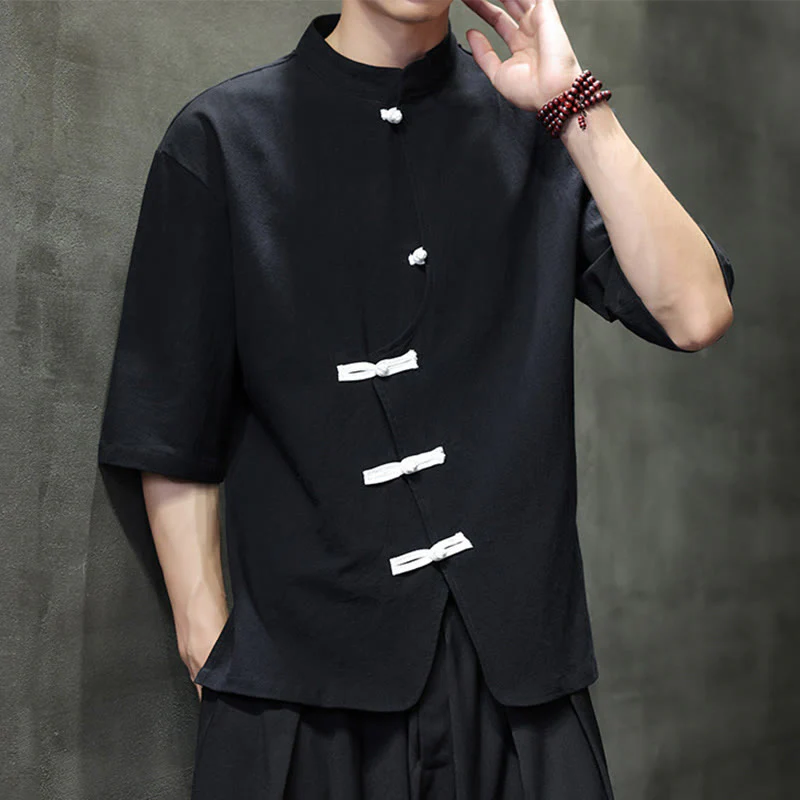 Buddha Stones Casual Plain Chinese Frog-Button Stand Collar Cotton Linen Men's Shirt