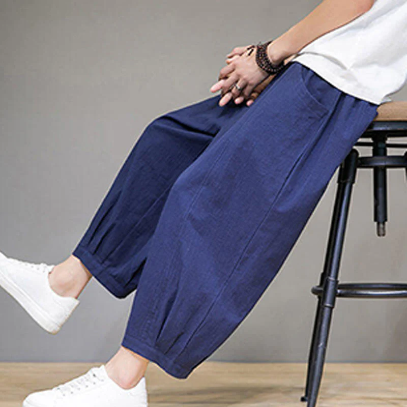 Buddha Stones Simple Cotton Men's Cropped Capri Harem Pants With Pockets