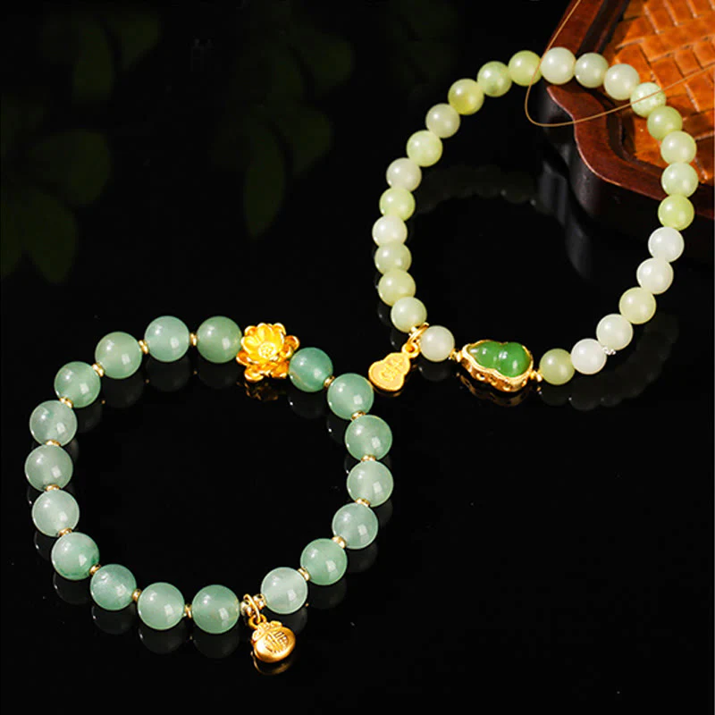 Buddha Stones Natural Jade Green Aventurine Gourd Fu Character Luck Bracelet