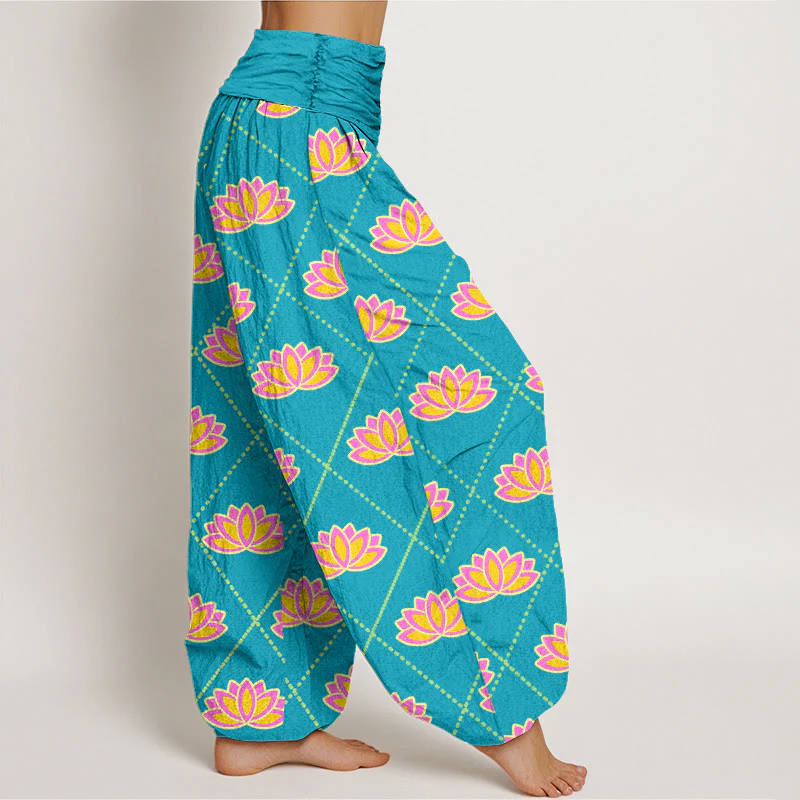 Buddha Stones Casual Vibrant Lotus Flower Pattern Women's Elastic Waist Harem Pants