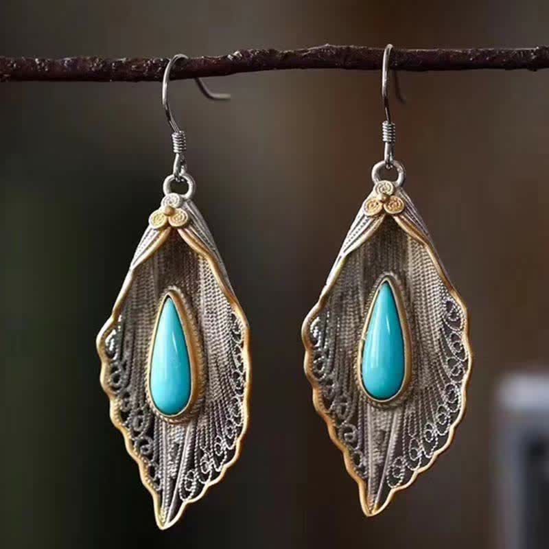 Buddha Stones 925 Sterling Silver Turquoise Bodhi Leaf Pattern Protection Drop Dangle Earrings