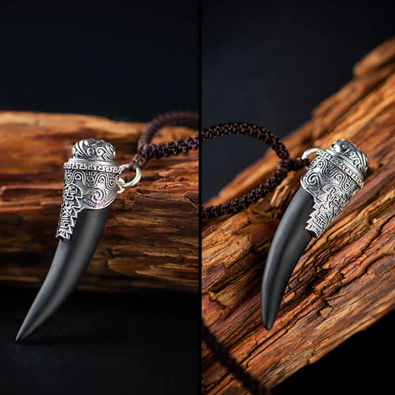 Buddha Stones 925 Sterling Silver Black Obsidian Wolf Tooth Pattern Strength Necklace Pendant
