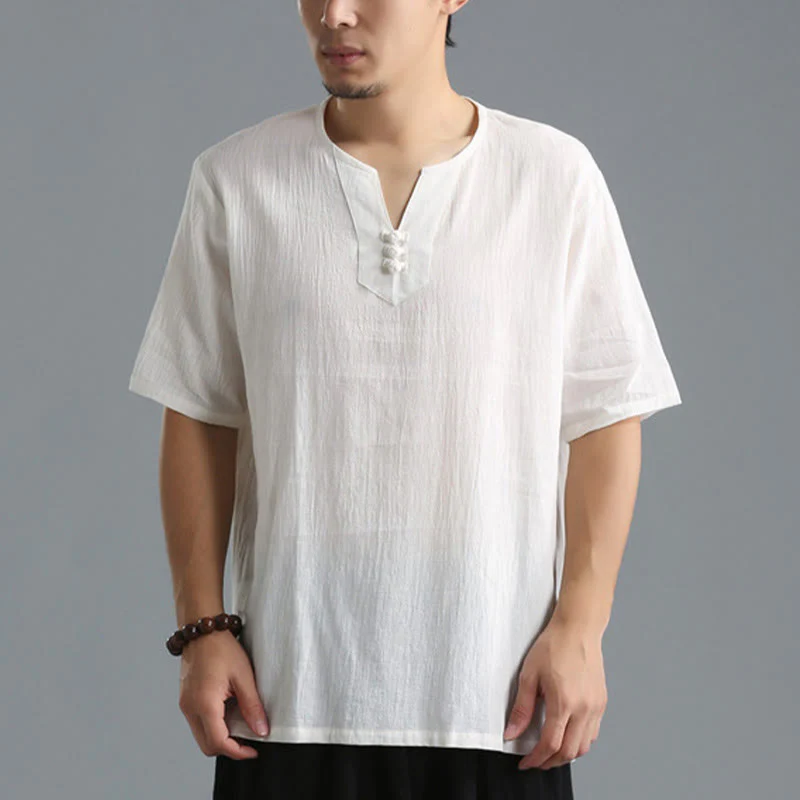 Buddha Stones Men's Solid Color V-Neck Button Short Sleeve Cotton Linen Shirt