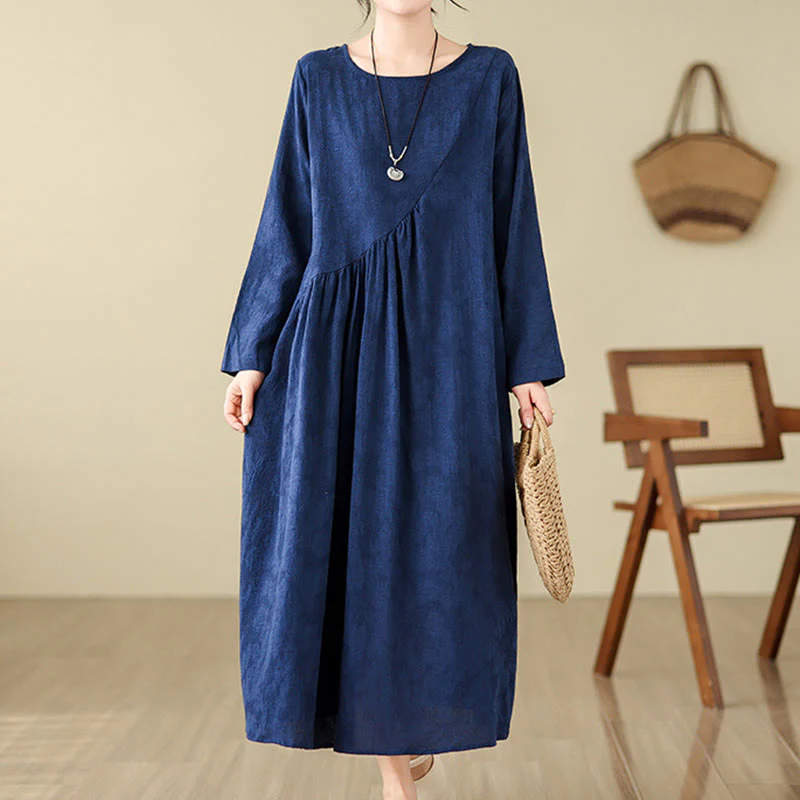 Buddha Stones Plain Jacquard Flower Irregular Design Cotton Linen Midi Dress With Pockets